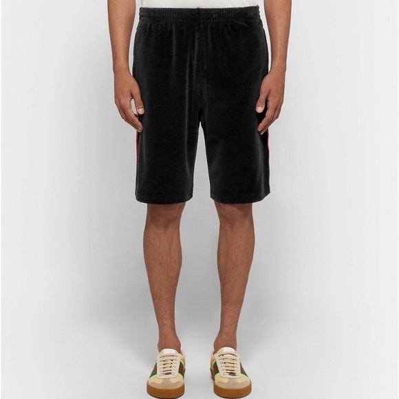 Men’s Gucci Black Velvet Drawstring Shorts Red White Webbing Trim Stripe Size XL - Picture 5 of 6